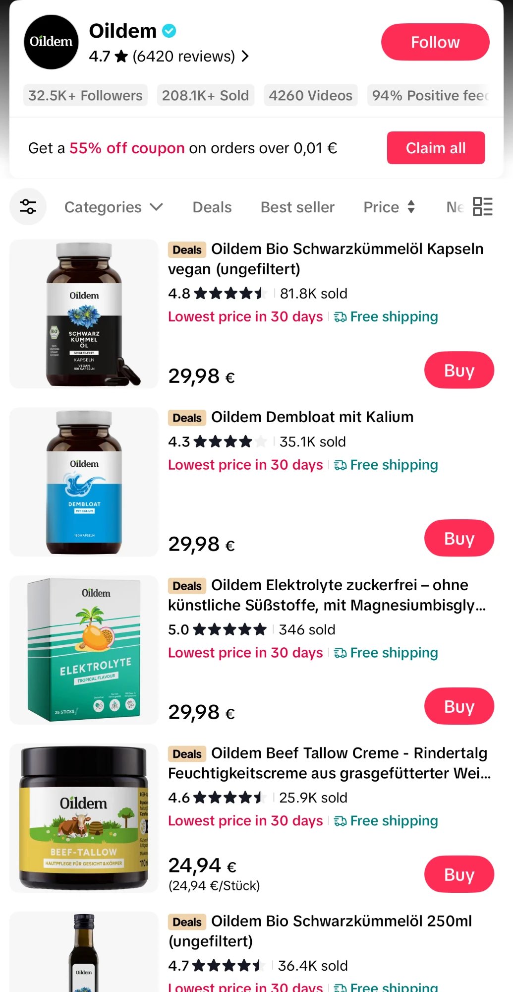 Vitrine de la marque Oildem sur TikTok Shop